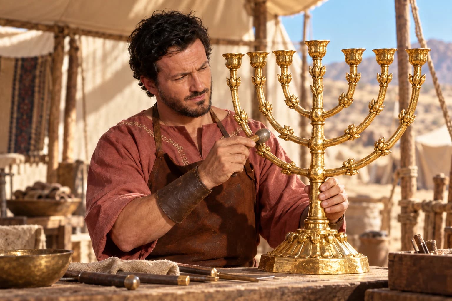 Imagined fan artwork of Bezalel carefully working on a golden seven-branched lampstand in a sunlit tent workshop.