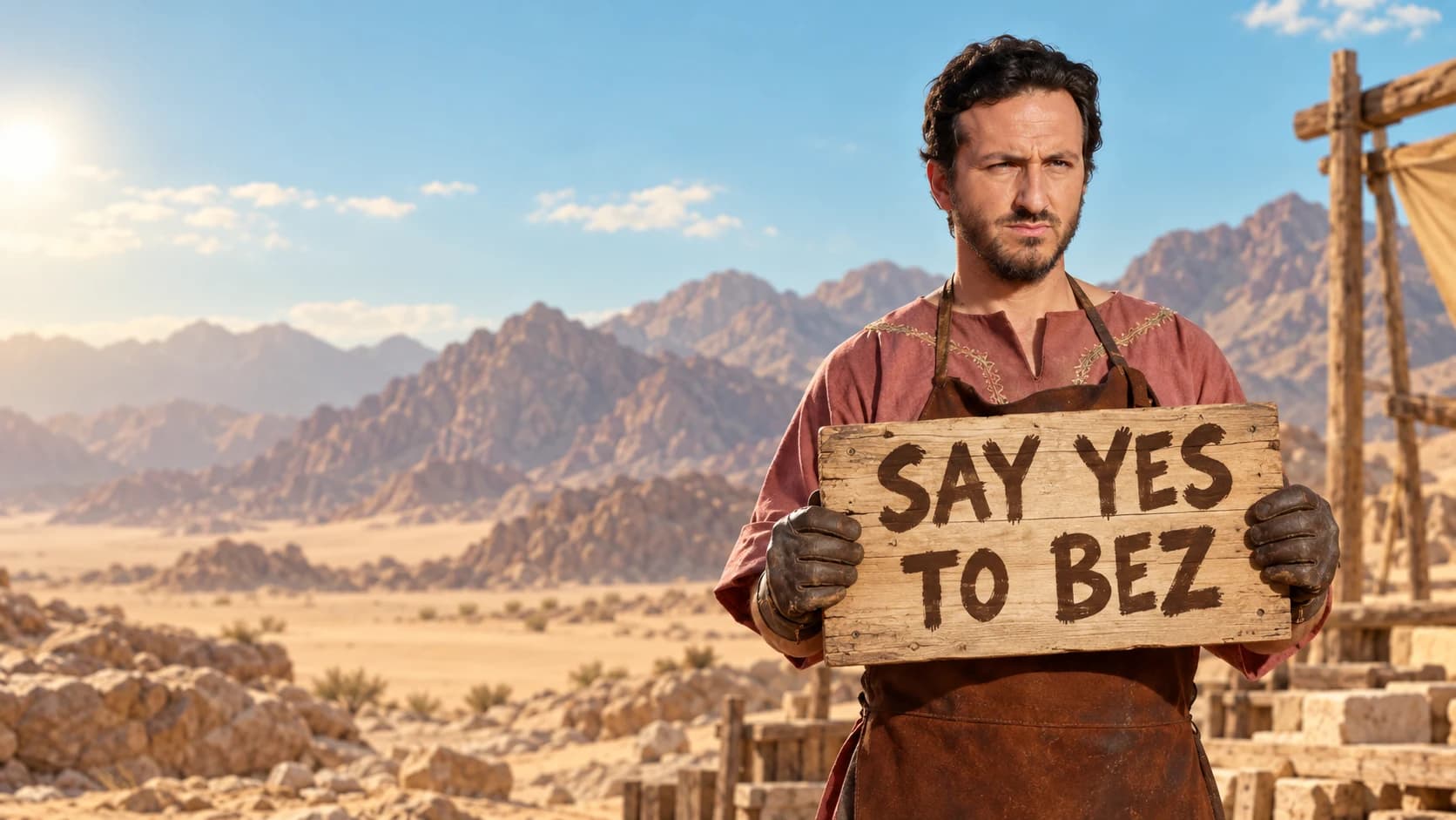 Fan edit of Bezalel from The Promised Land holding a wooden sign reading Say yes to Bez in the desert.